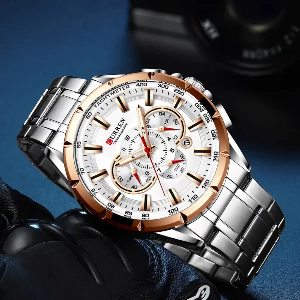 Men New CURREN Casual Sport Chronograph Men's Watch Stainless Steel Band Wristwatch Big Dial Quartz Clock with Luminous Pointers - Image 4